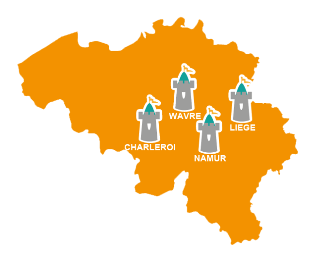 Carte de la Belgique montrant les 4 endroits d'enlèvement de Superchateau : Liège, Charleroi, Namur et Wavre